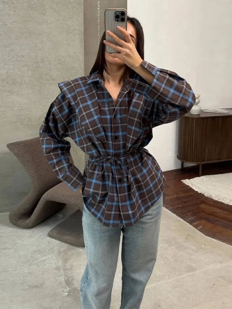 Elegant Plaid Patchwork Long Sleeve Shirt for Women