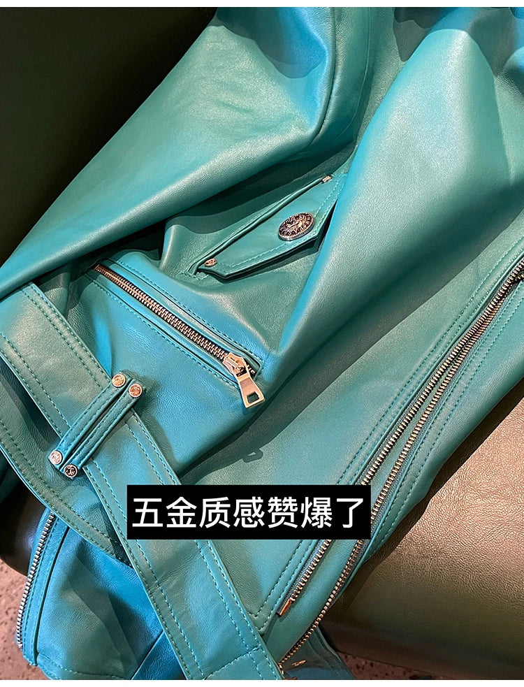 Bright Green Faux Leather Biker Jacket With Adjustable Waist For Women