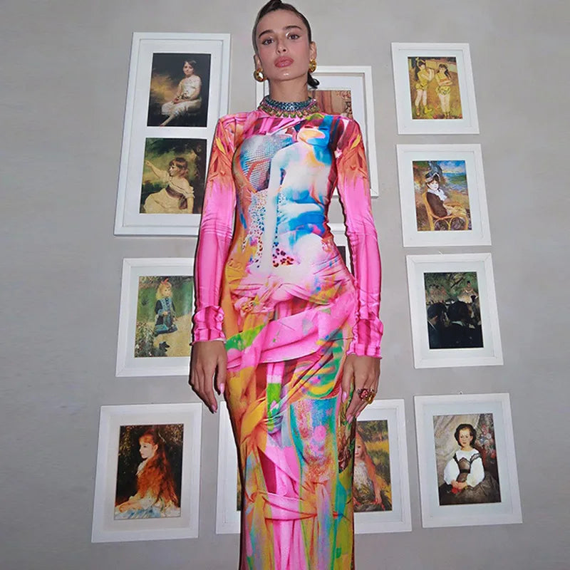 Punk Graffiti Print Bodycon Long Dress Women 2025 Autumn Stand Collar Long Sleeve Slim Fit Fish Tail Dress Party Club Robes