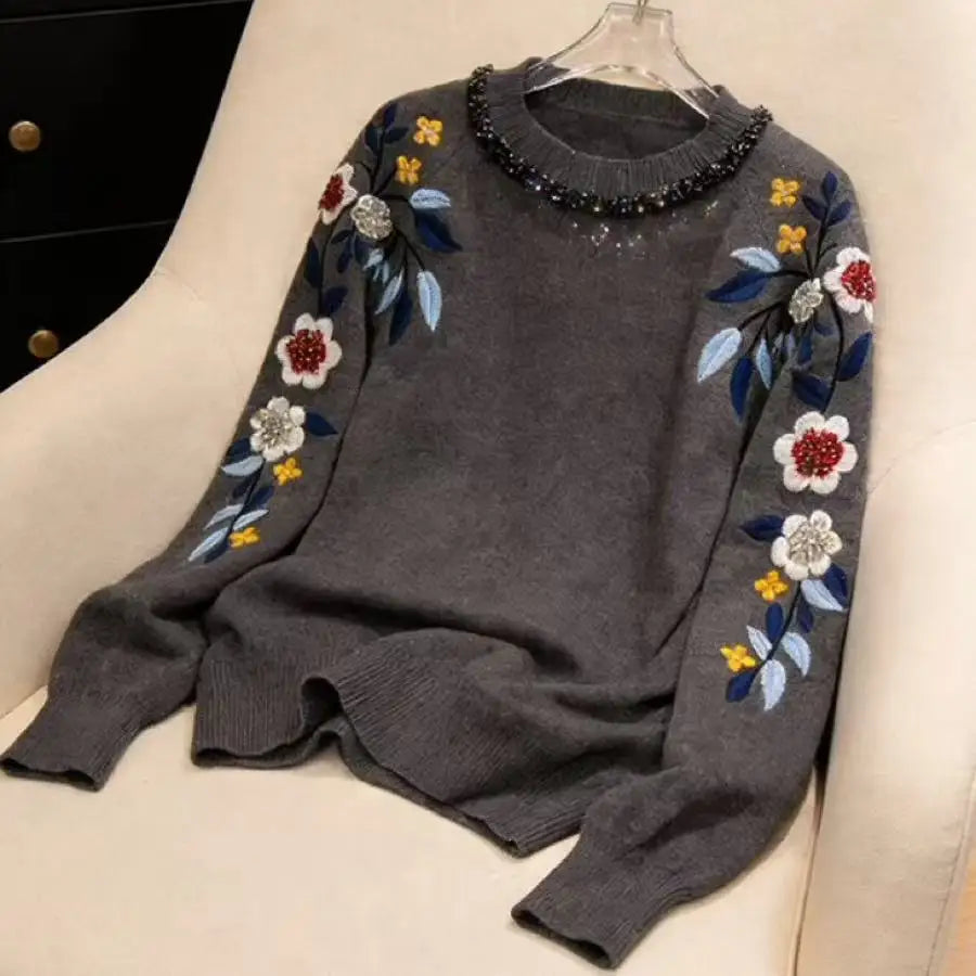Floral Embroidered Crystal Detail Sweater for Women