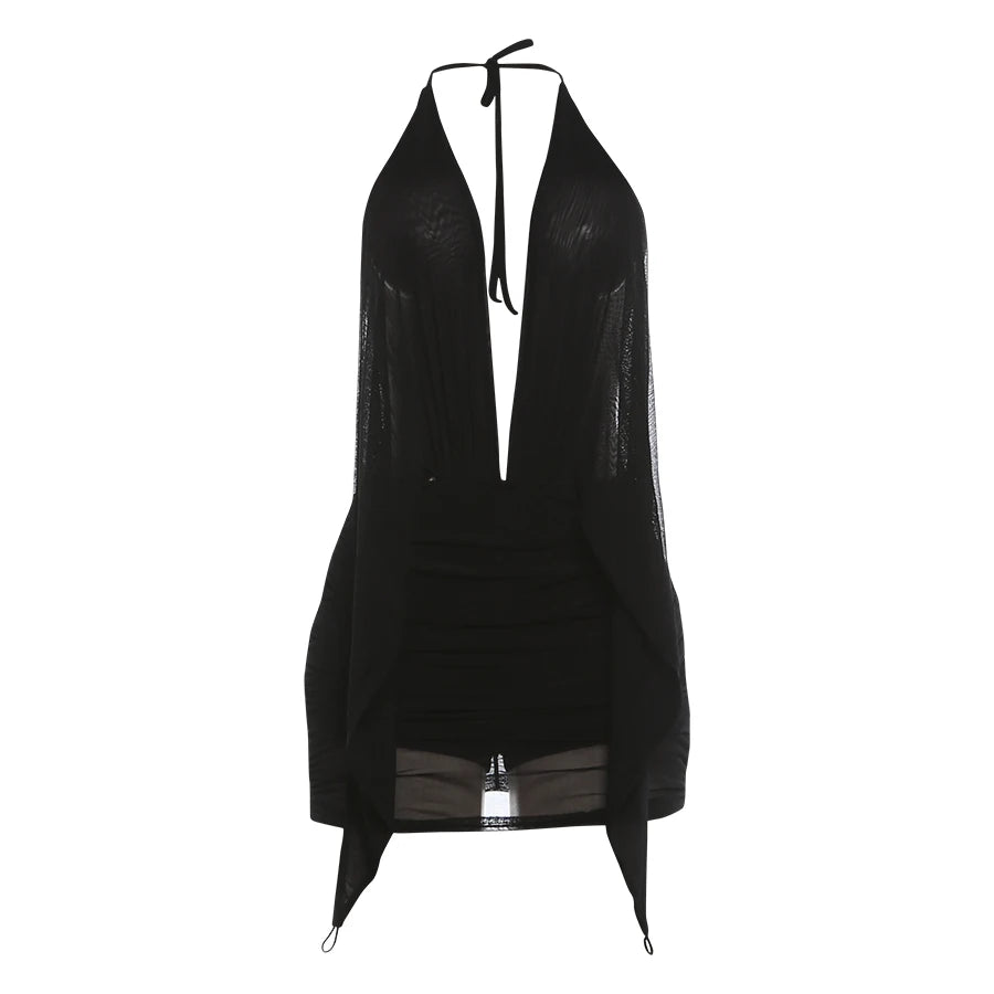 Backless Halter Ruched Deep V Neck Dress for Women