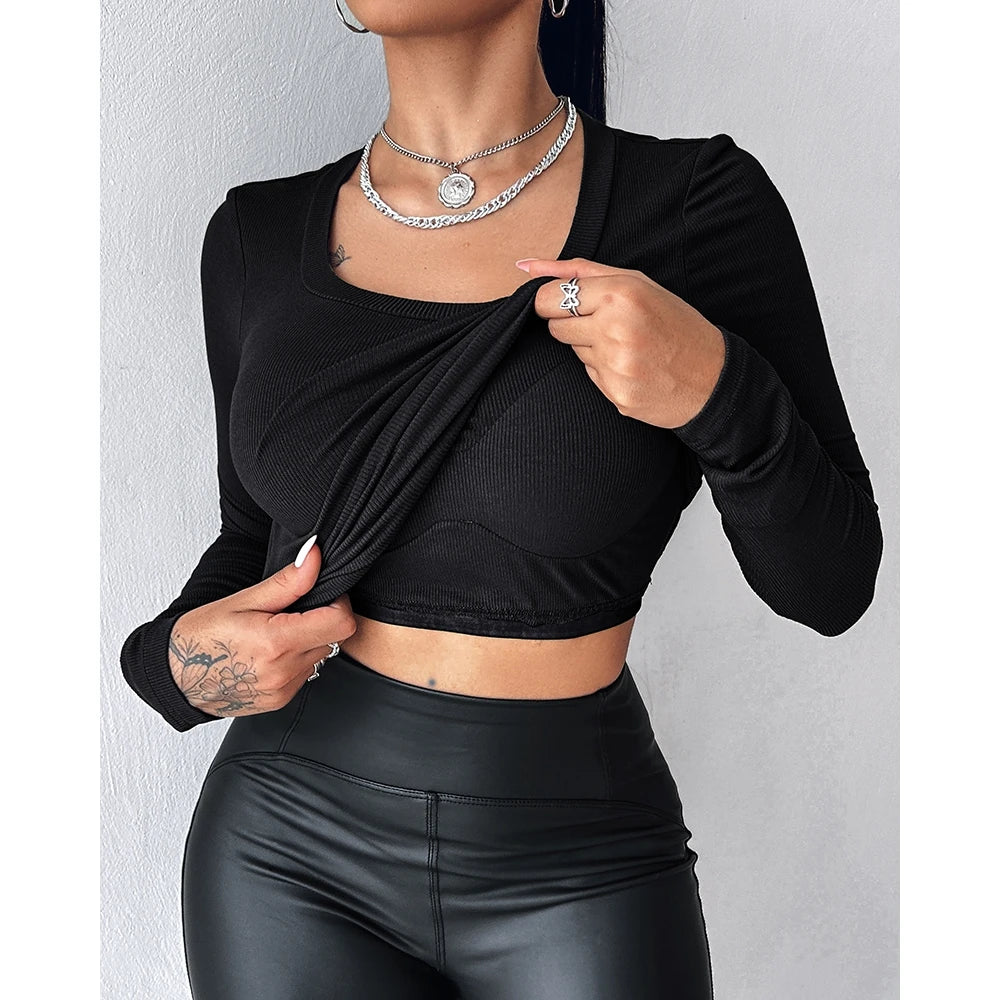 Autumn Spring Women U-Neck Built-in Bra Long Sleeve Ribbed Top Femme Skinny Casual Basic Easy Matching T-Shirts