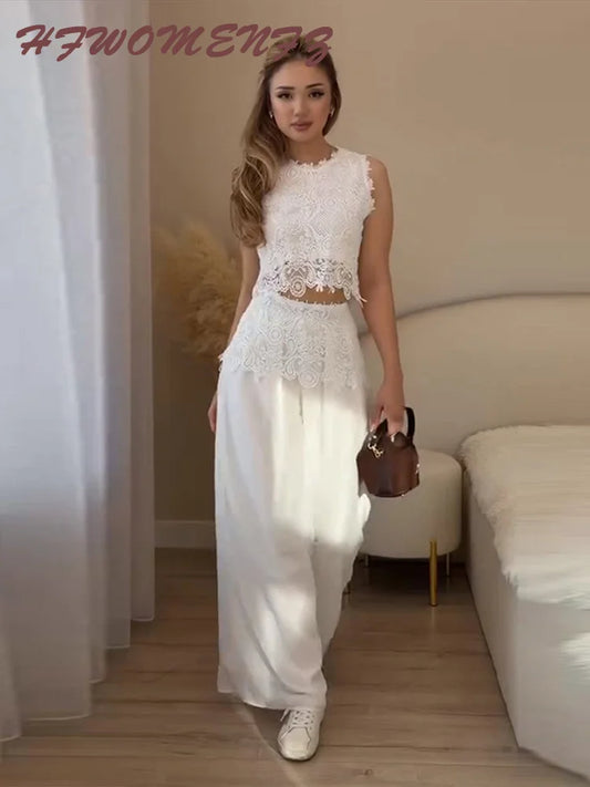 Textured Crochet Vest And Wide Leg Pants