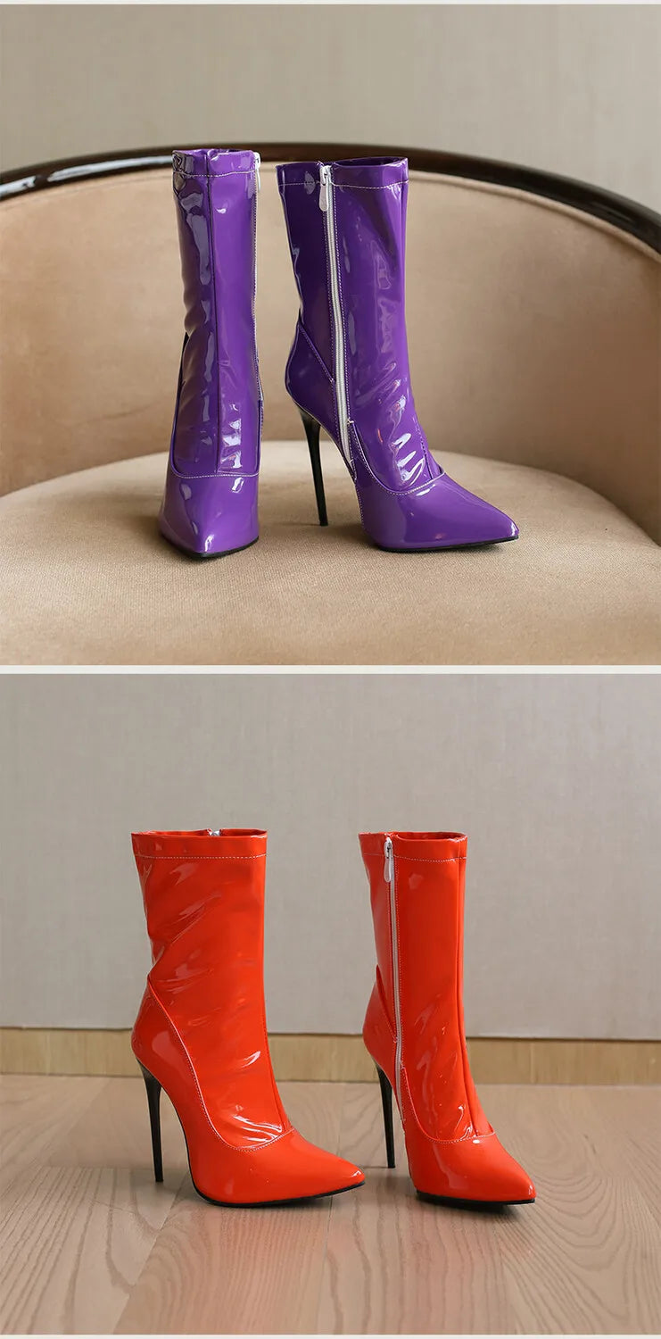 Pointed Toe Soft Patent Leather Side Zipper Stiletto Ankle Boots for Women