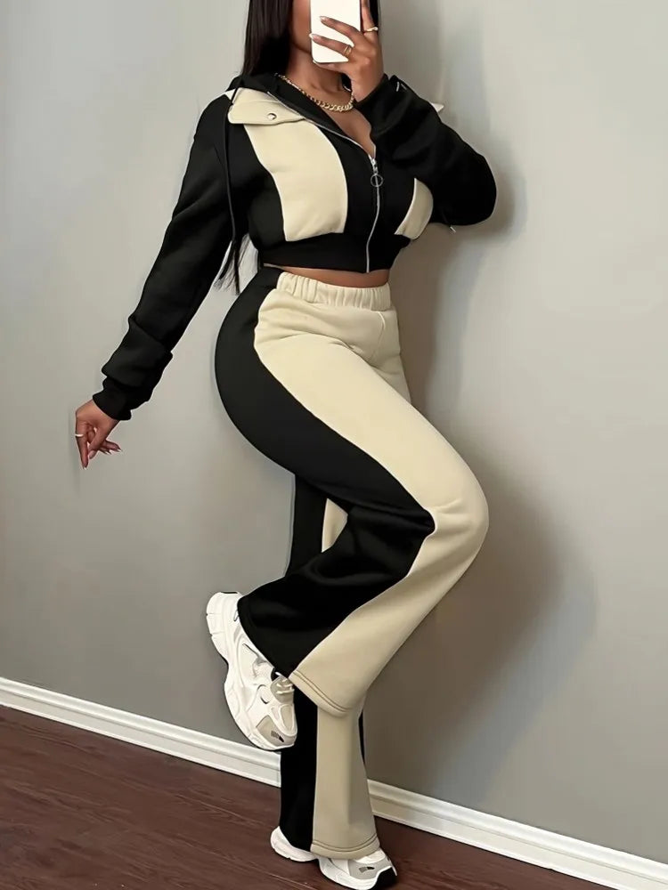 Hooded Two Piece Top and Pants Matching Set for Women