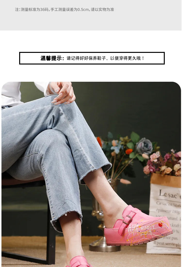 Hand Drawn Leather Platform Slippers with Round Toe for Women