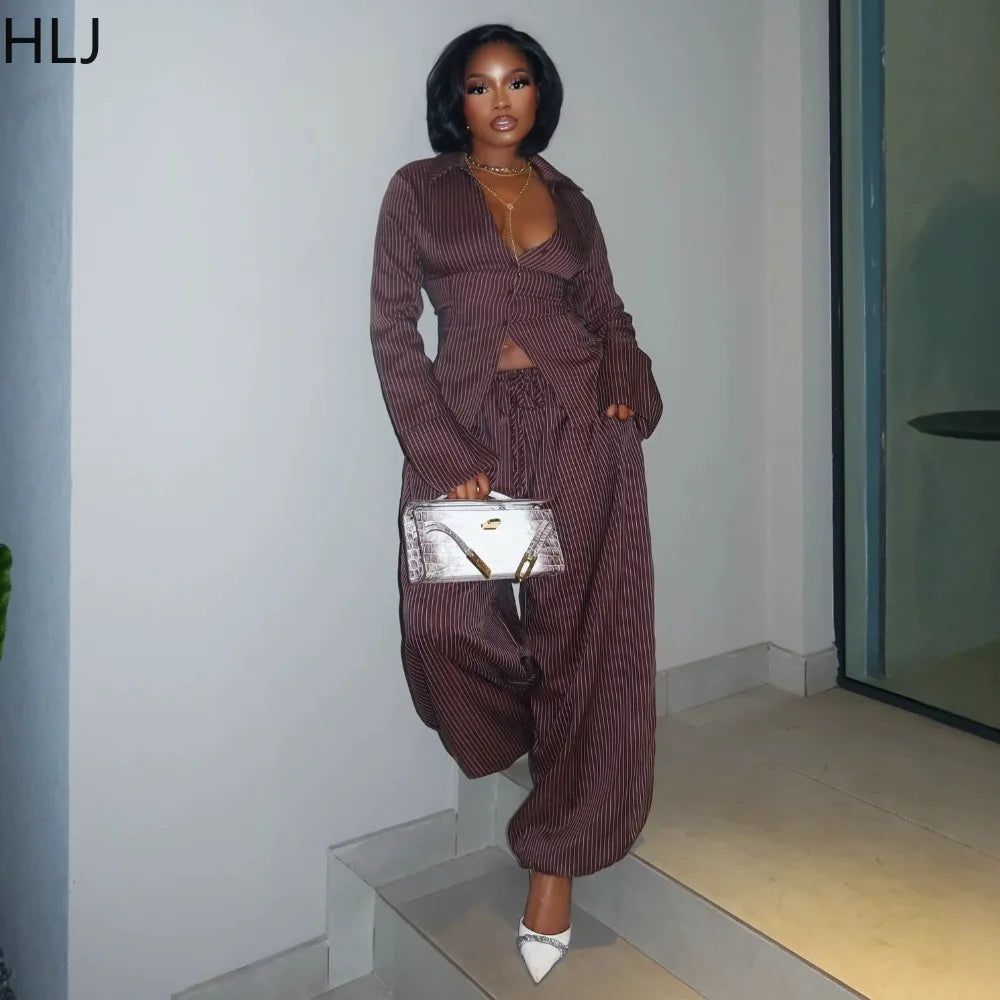 Vertical Striped Crop Shirt and Wide Leg Pants Outfit Set for Women