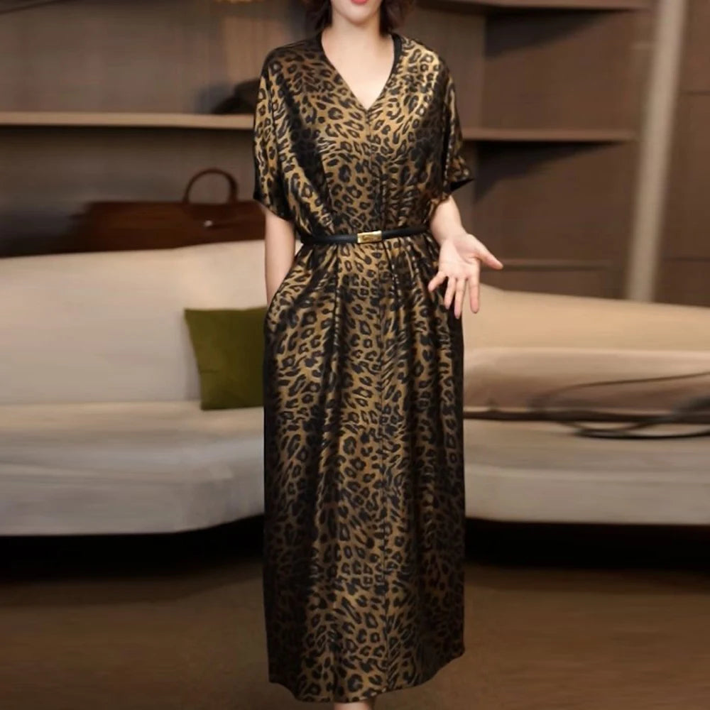 Lightweight Leopard Print V Neck Midi Dress For Women