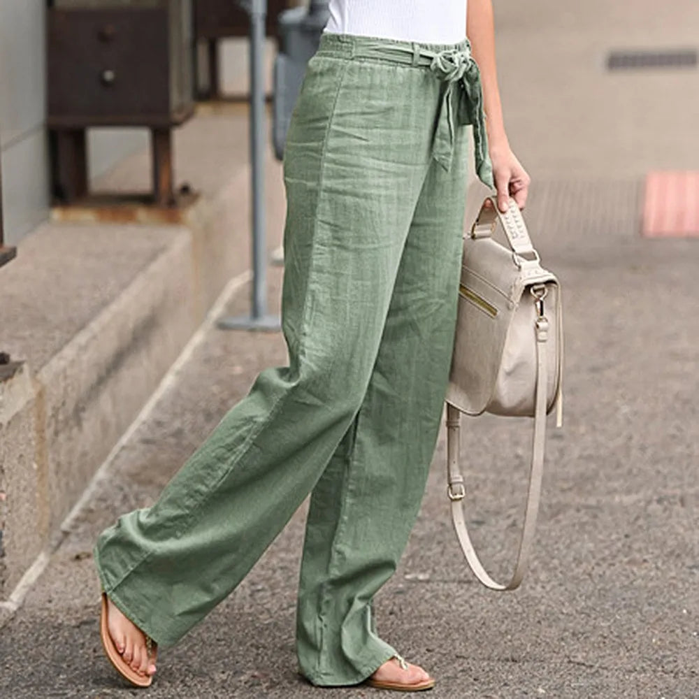 Linen Cotton Elastic Waist Ankle Length Pants for Women
