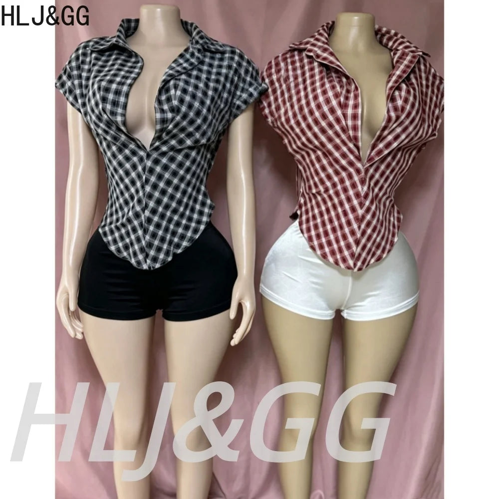Plaid Print Deep V Neck Sleeveless Hollow Two Piece Set for Women