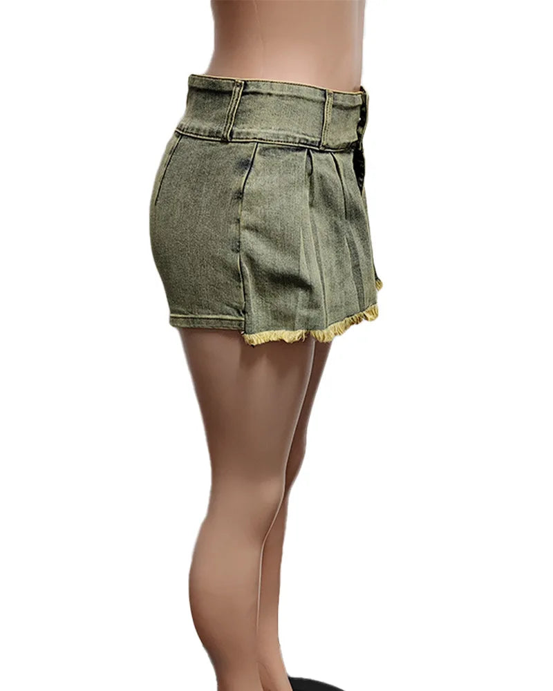 FAGADOER Y2k Denim Shorts Women Pleated Skirt Shorts Summer Stretchy Casual Shorts Retro 90s Fashion Streetwear Short Pants