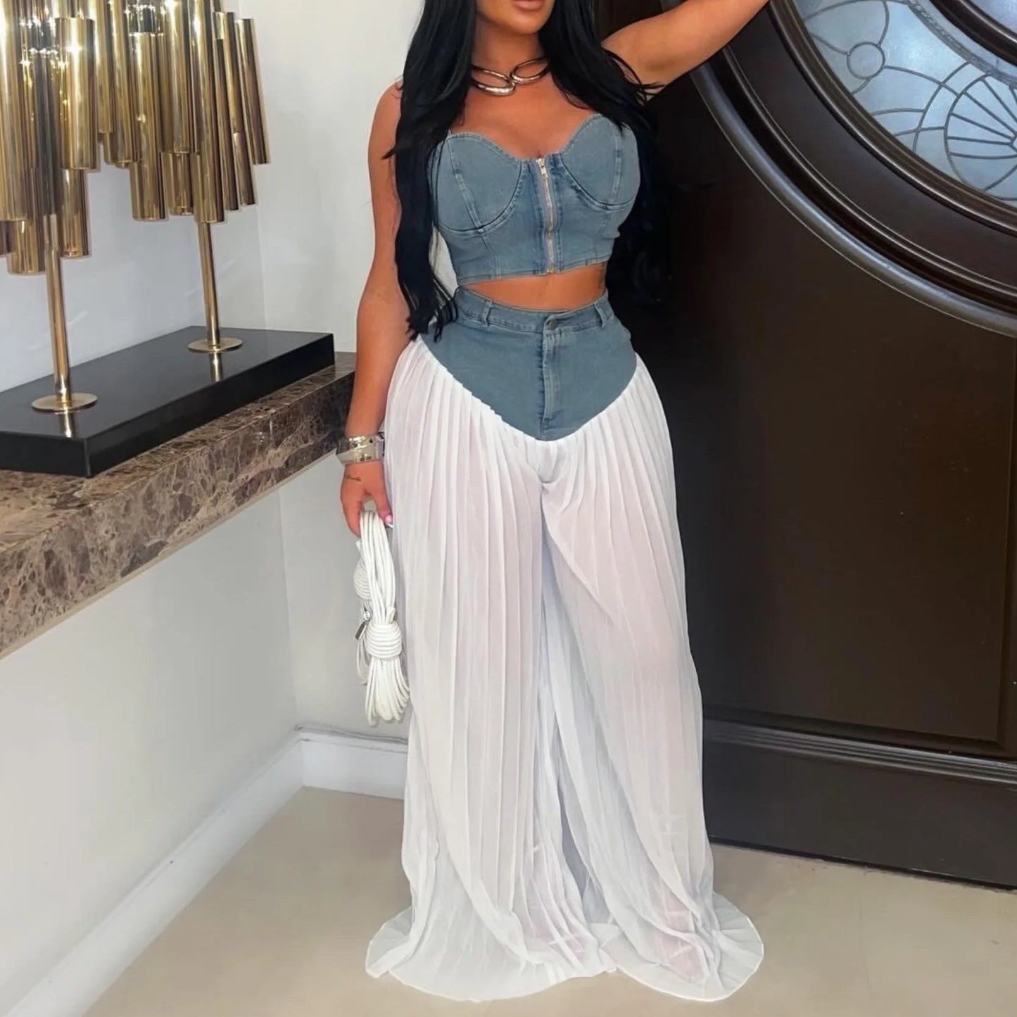 Spaghetti Strap Crop Top Denim Patchwork Two Piece Set for Women