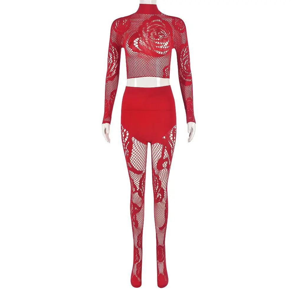 FAGADOER Sexy Lace 2 Piece Set Women Outfit Mesh See Though Long Sleeve Crop Top + Pants Suit Fashion Female Streetwear Overalls
