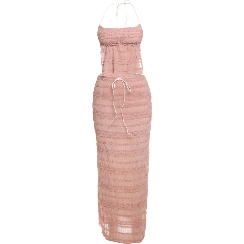 Elegant Backless Halter Two Piece Skirt Set for Women