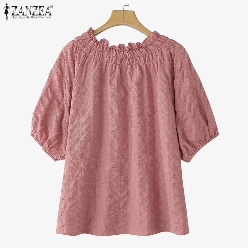 ZANZEA Women Blouse Summer Tops Solid Color Puff Sleeve2025 O Neck Tunic Female Shirts Loose Casual OL Work Blusas Oversized