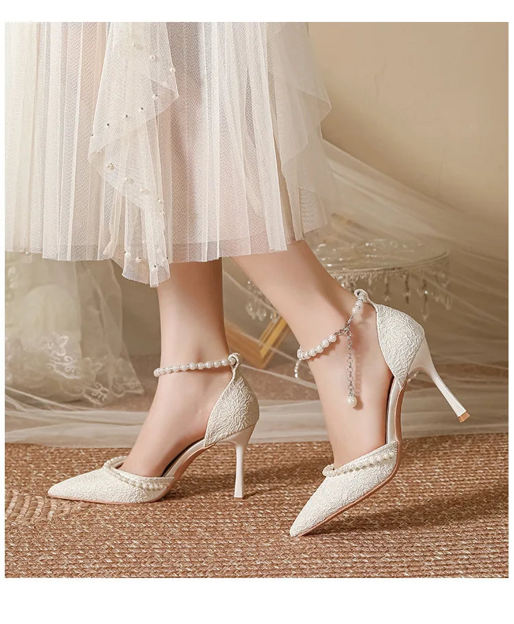 White Pearl Buckle Pointed Bridal Heels