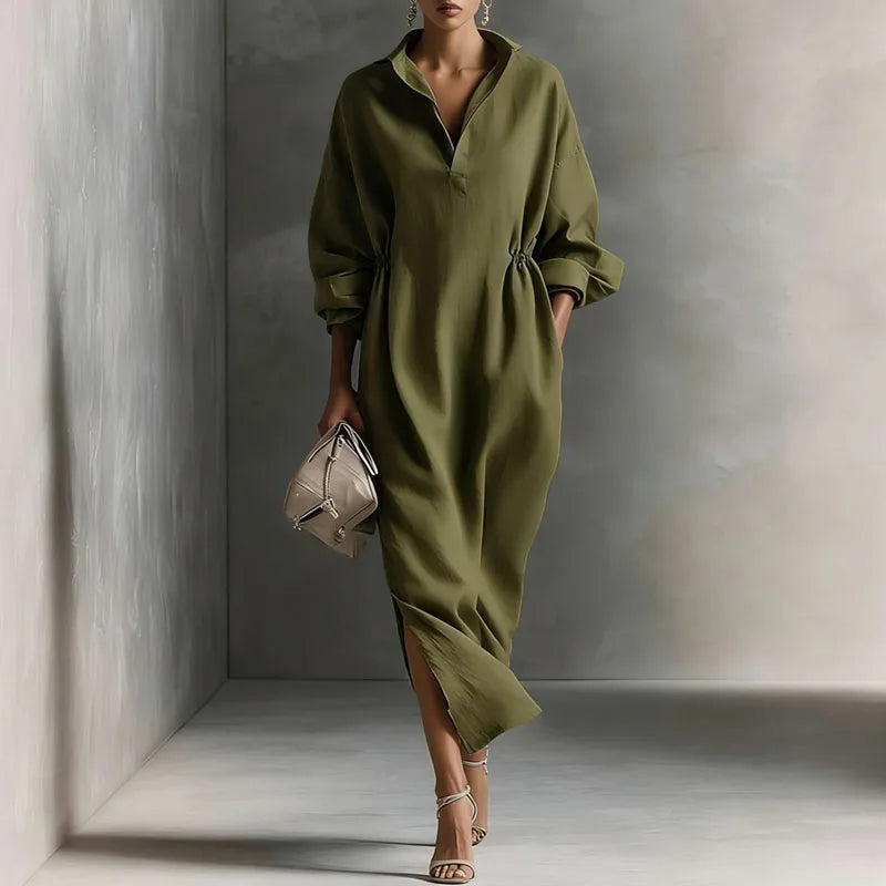 Elegant V Neck Long Sleeve Split Maxi Dress for Women