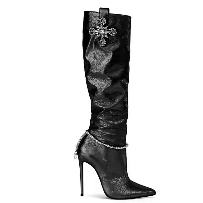Bright Shining Women Deign Pointed Toe High Heel Knee Boots Crystal Beading High Heel Women Pointy Knee High Boots Plus Size