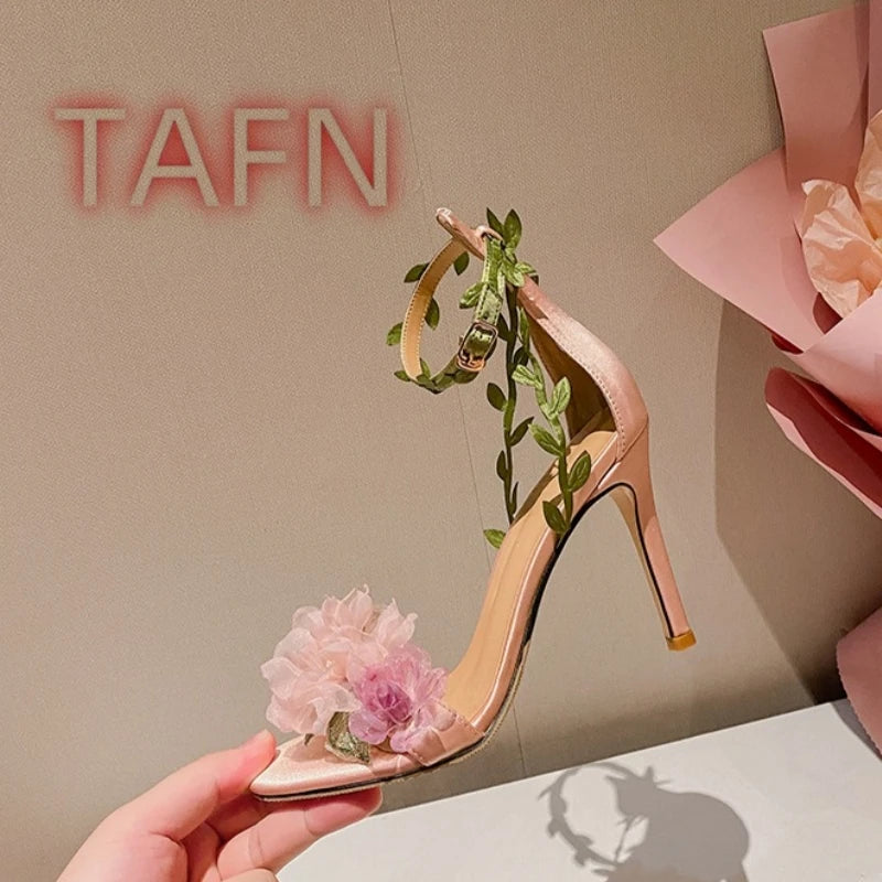 Floral Ankle Strap Open Toe Stiletto Sandals for Women