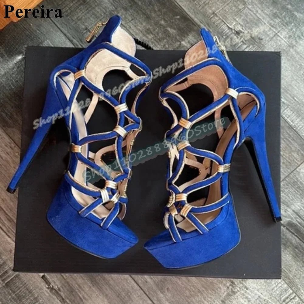 Narrow Strap Blue Flock Platform Casual Sandals Stilettos High Heel Shoes For Women Back Zipper Open Toe 2026 Zapatos Para Mujer