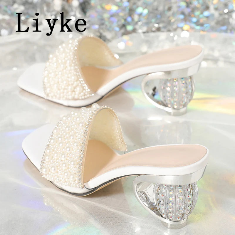 White Pearl Beaded Embellished Strappy Sandals for Women