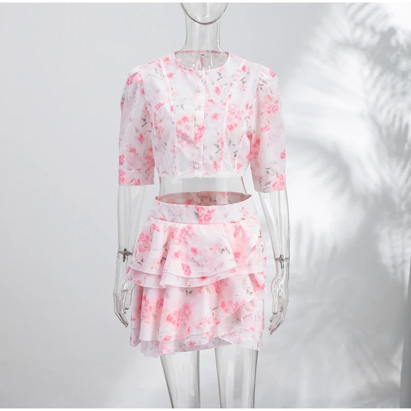 Floral Print Puff Sleeve Chiffon Pleated Two Piece Skirt Set For Women
