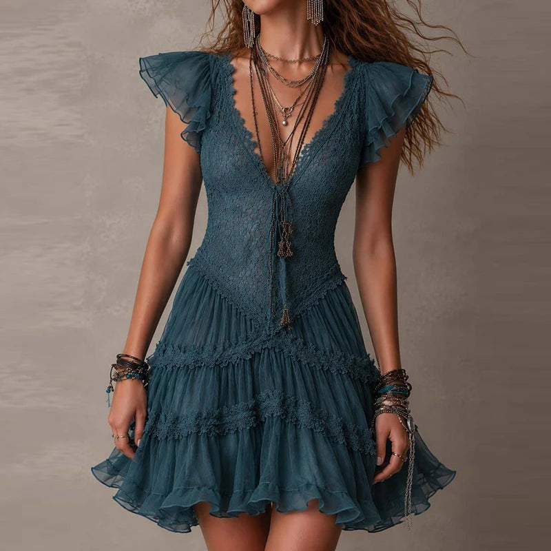 Elegant Lace Patchwork Deep V Neck Mini Dress for Women