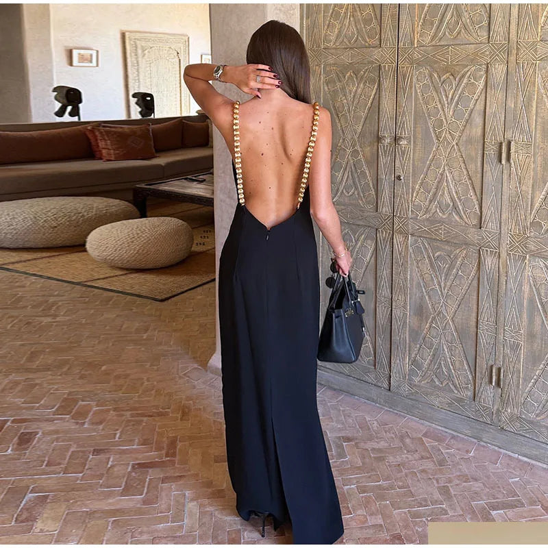 Black Beaded Backless Square Neck Sleeveless Summer Dress For Women