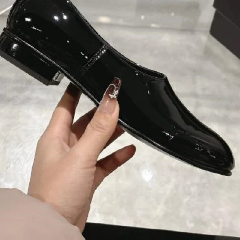 Low Heel Slip On Patent Leather Round Toe Pumps for Women