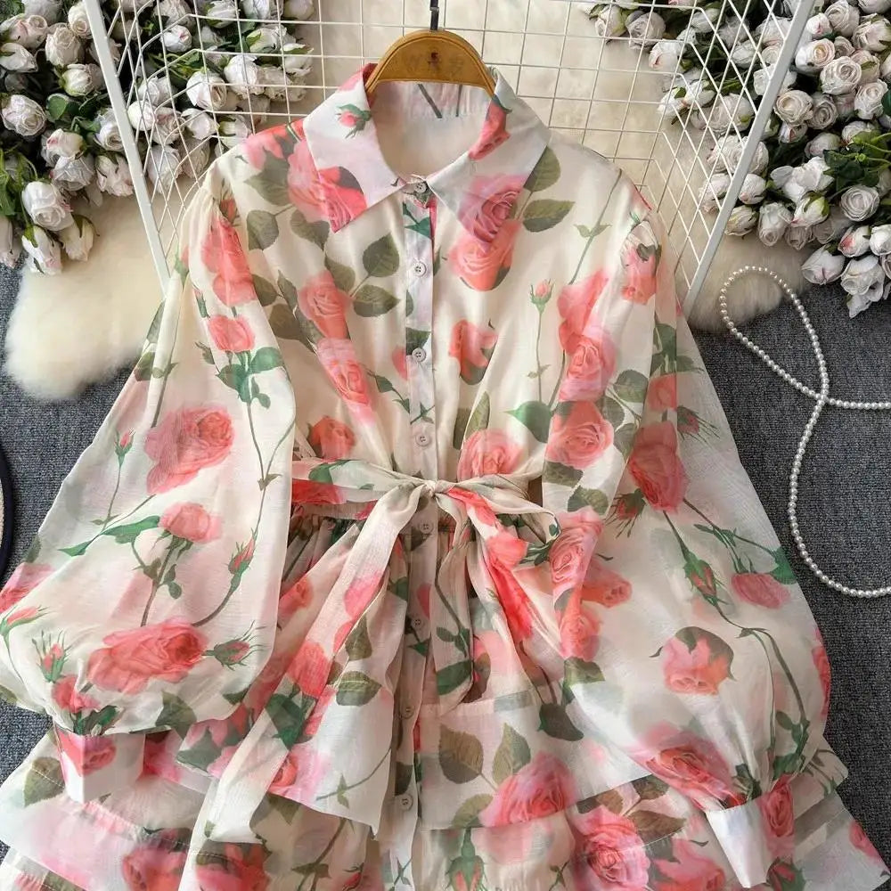 Women Lantern Sleeve Floral Print Lace Up Belt Summer Ball Gown Cute Dress Holiday Gorgeous Flower Ruffles Layer Cake Mini Dress