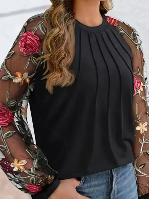 Lace Detail Floral Chiffon Long Sleeve Blouse for Women