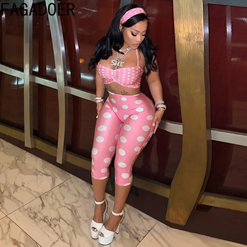 Polka Dot Two Piece Set with Halter Crop Top and Shorts for Women