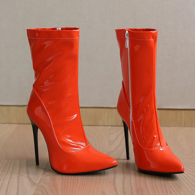 Pointed Toe Patent Leather Stiletto Ankle Boots for Women