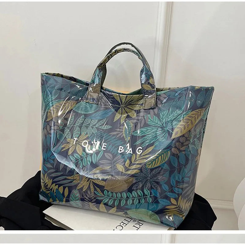 Leaf Print Handbag Pvc Fashion Transparent Waterproof Fashion High-end Shoulder Bag Large Capacity Commuter Tote Bag Shop Bag