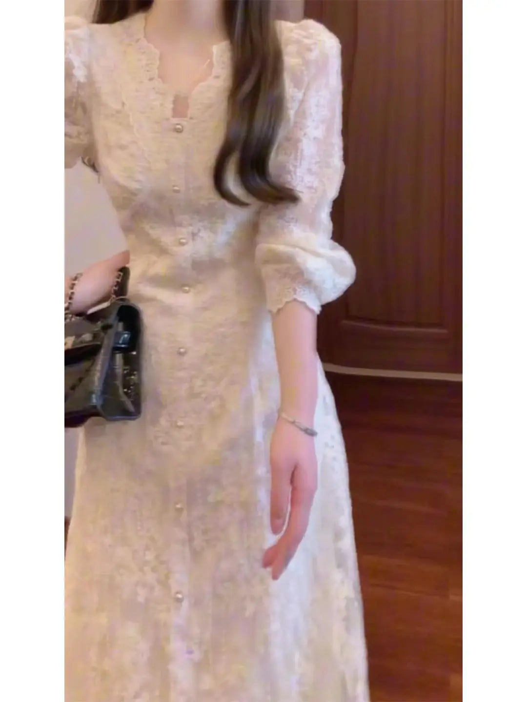 Elegant Lace Embroidered A-Line Dress with Long Sleeve for Women