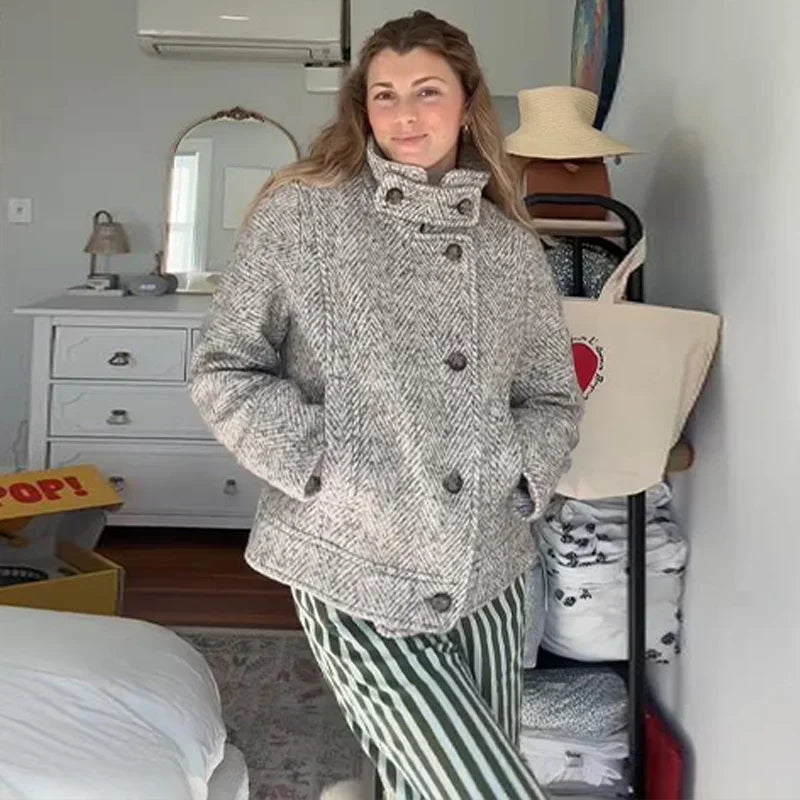 Elegant Print Stand Collar Tailored Long Coat for Women