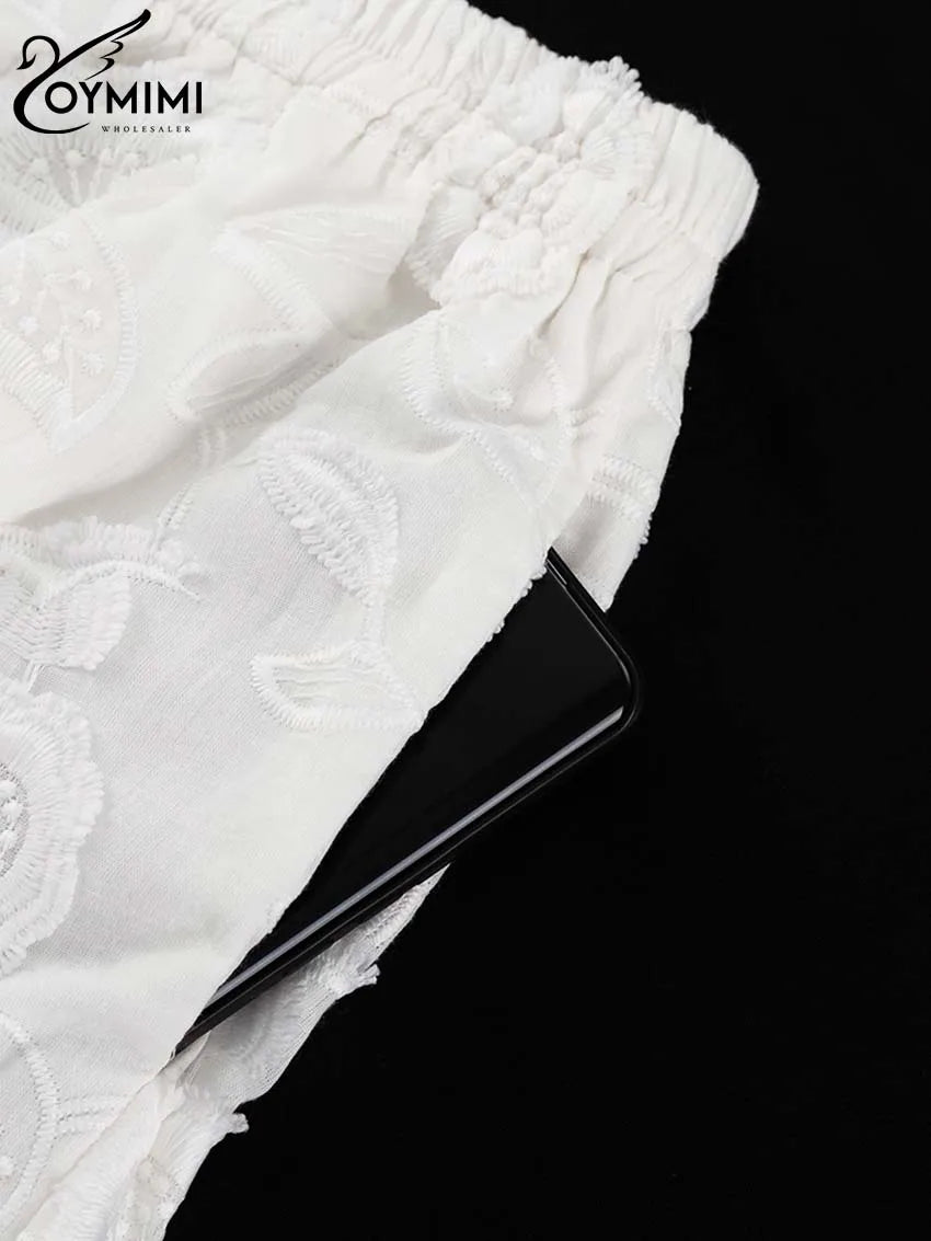 Oymimi Summer White Cotton 2 Piece Sets Women Outfit Casual Jacquard Button Wrist Sleeve Shirts And High Waist Shorts Female Set
