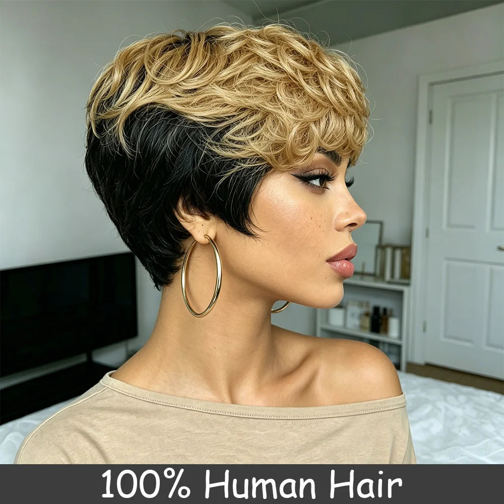 Kinky Curly Bob Wig With Bangs Black Champagne Human Hair For Women