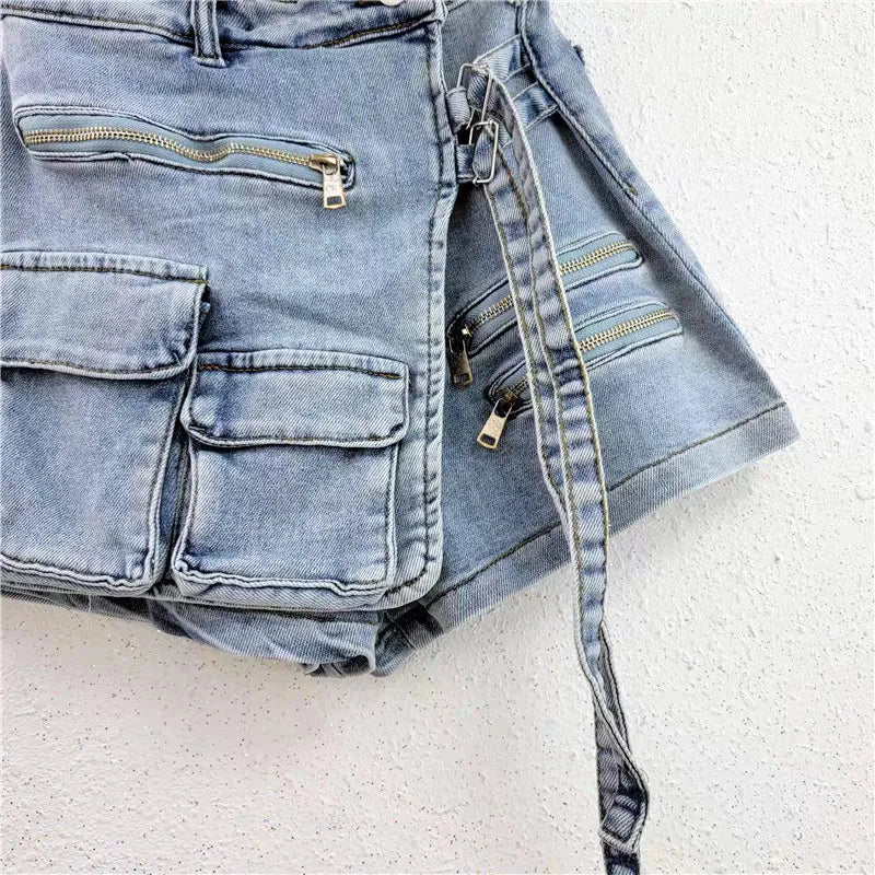 Irregular multi-pocket tooling A-word shorts women's loose wide-leg pants 2024 summer strap-on denim skirt pants