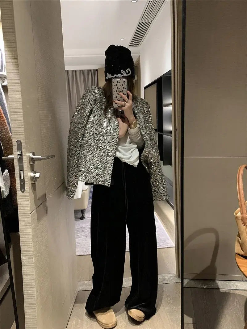 Elegant Sequined Tweed Button-Front Jacket for Women