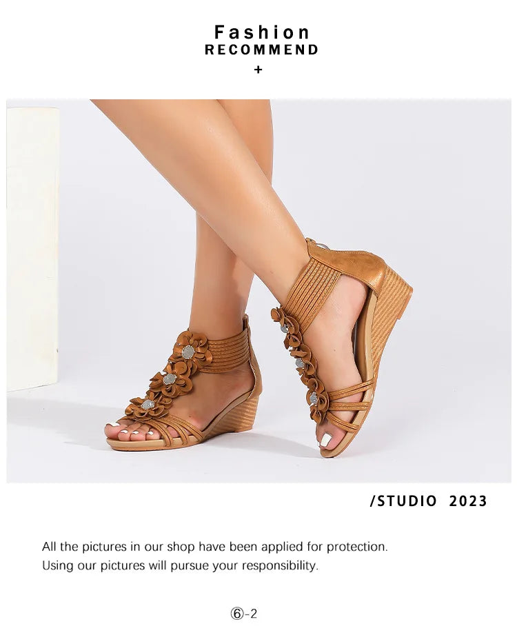 Bohemian Floral Vintage Leather Wedge Sandals for Women
