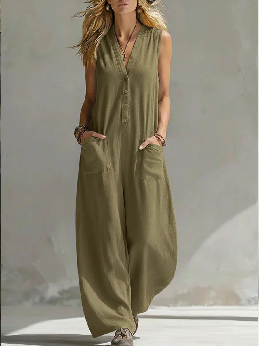 Sleeveless V Neck Loose Wide Leg Casual Jumpsuit For Women