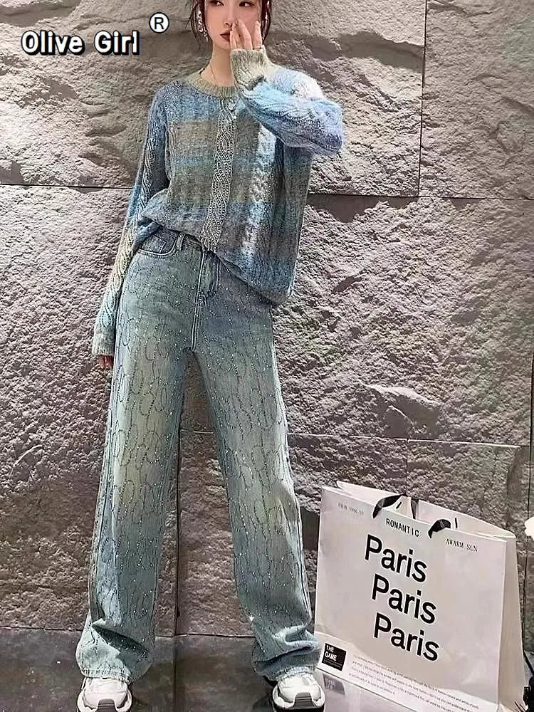 Shiny Diamond Accent High Waist Wide Leg Denim Jeans for Women