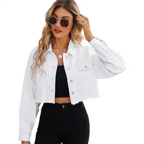 Vintage Distressed Denim Jacket With Turn Down Collar for Women