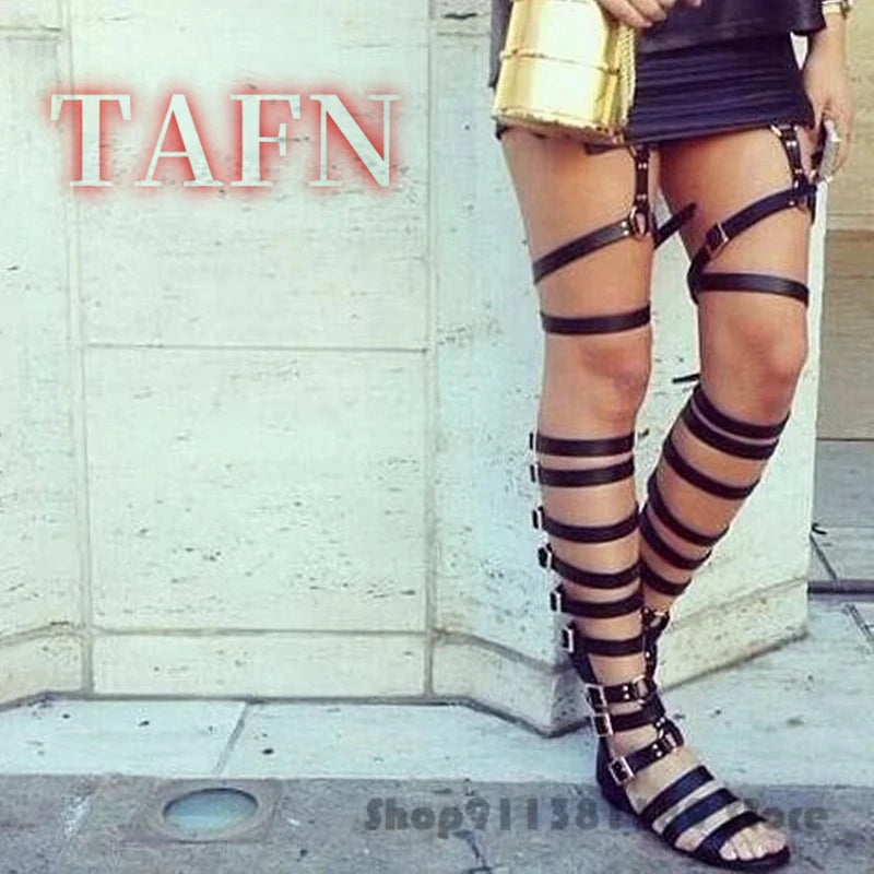 Golden Thigh High Buckled Gladiator Sandals for Women