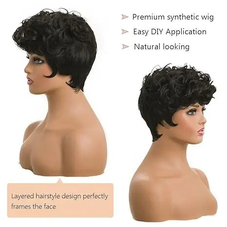 Synthetic Hair Natural Wavy Short Pixie Black Wig for Women