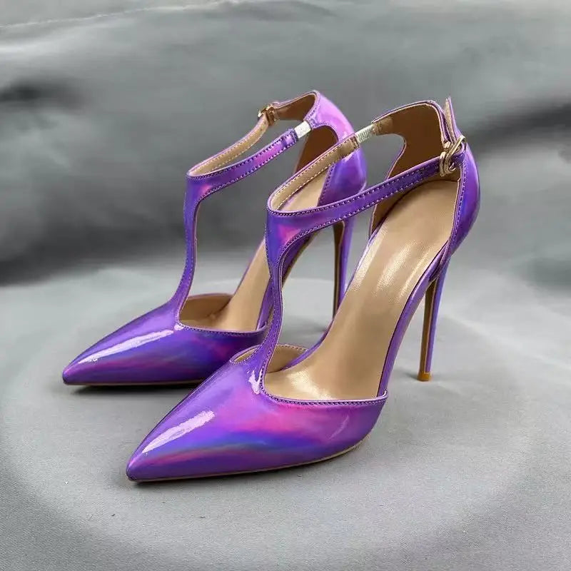 Gradient Purple T Strap Pointed Toe High Heel Pumps for Women