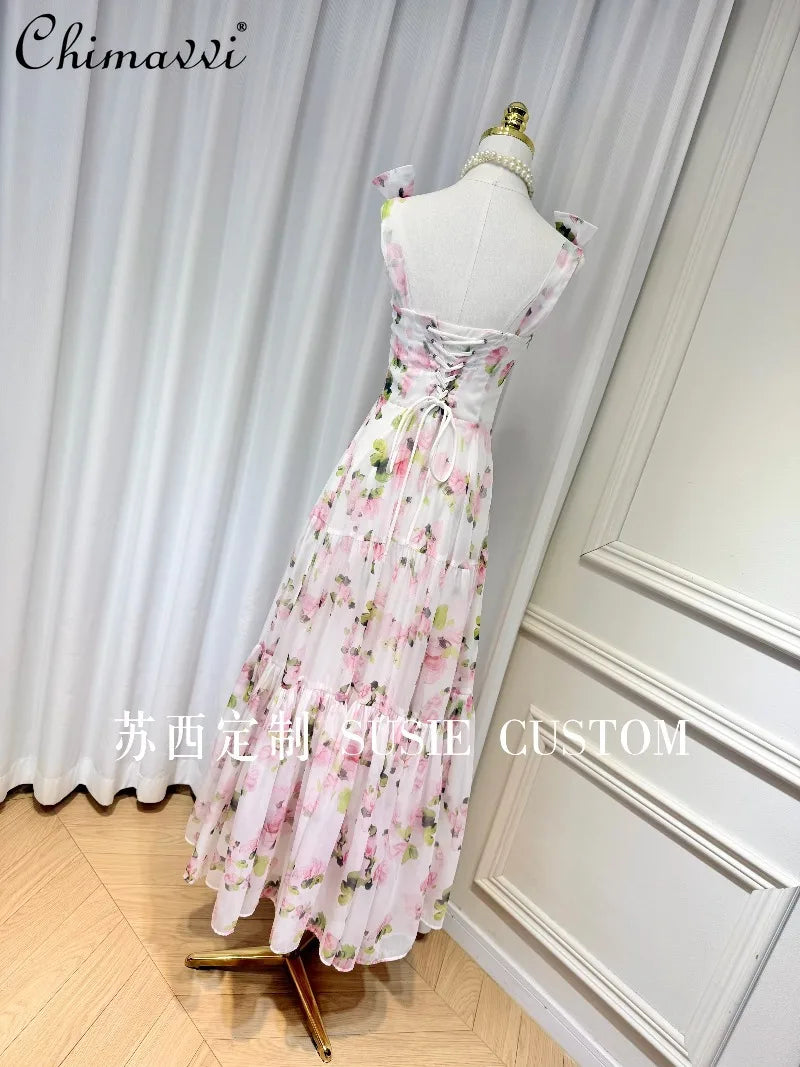 High-end Fashion Design French Fairy Print Padded Bowknot Cami Dress New 2026 Women's Elegant Cinched Waist Maxi Dress Vacation