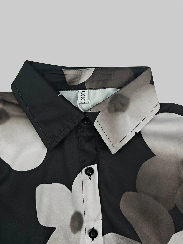 Beauty Blue Women's Elegant Blouses&shirts Floral Printed Tops Casual Long Sleeves Button Chic Loose Female Lapel Office Shirts