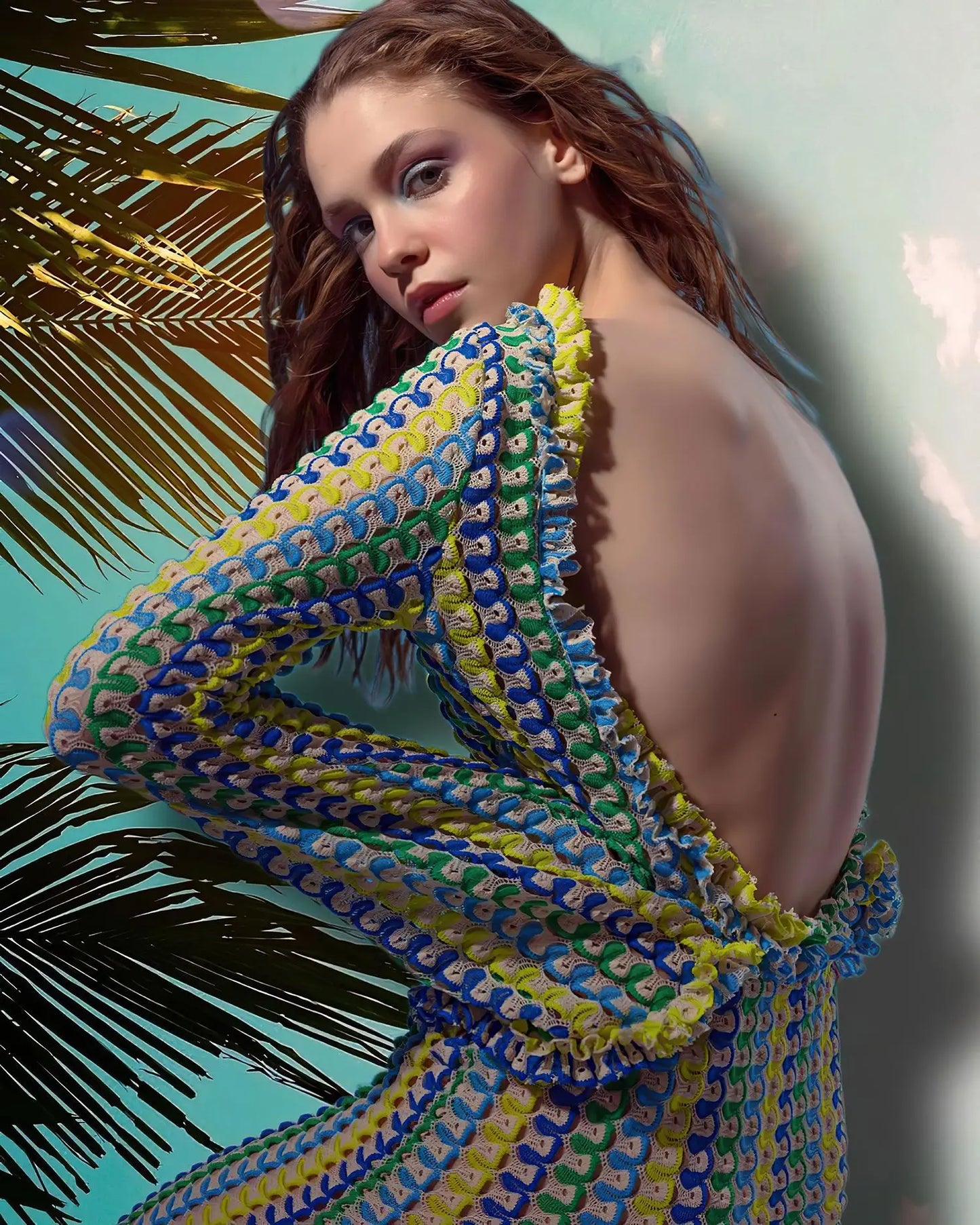 Sexy Backless Flare Sleeve Lace Knit Cut Out Party Beach Maxi Dress 2025 Summer Women Vacation Beachwear Swimsuit Cover Up A2815